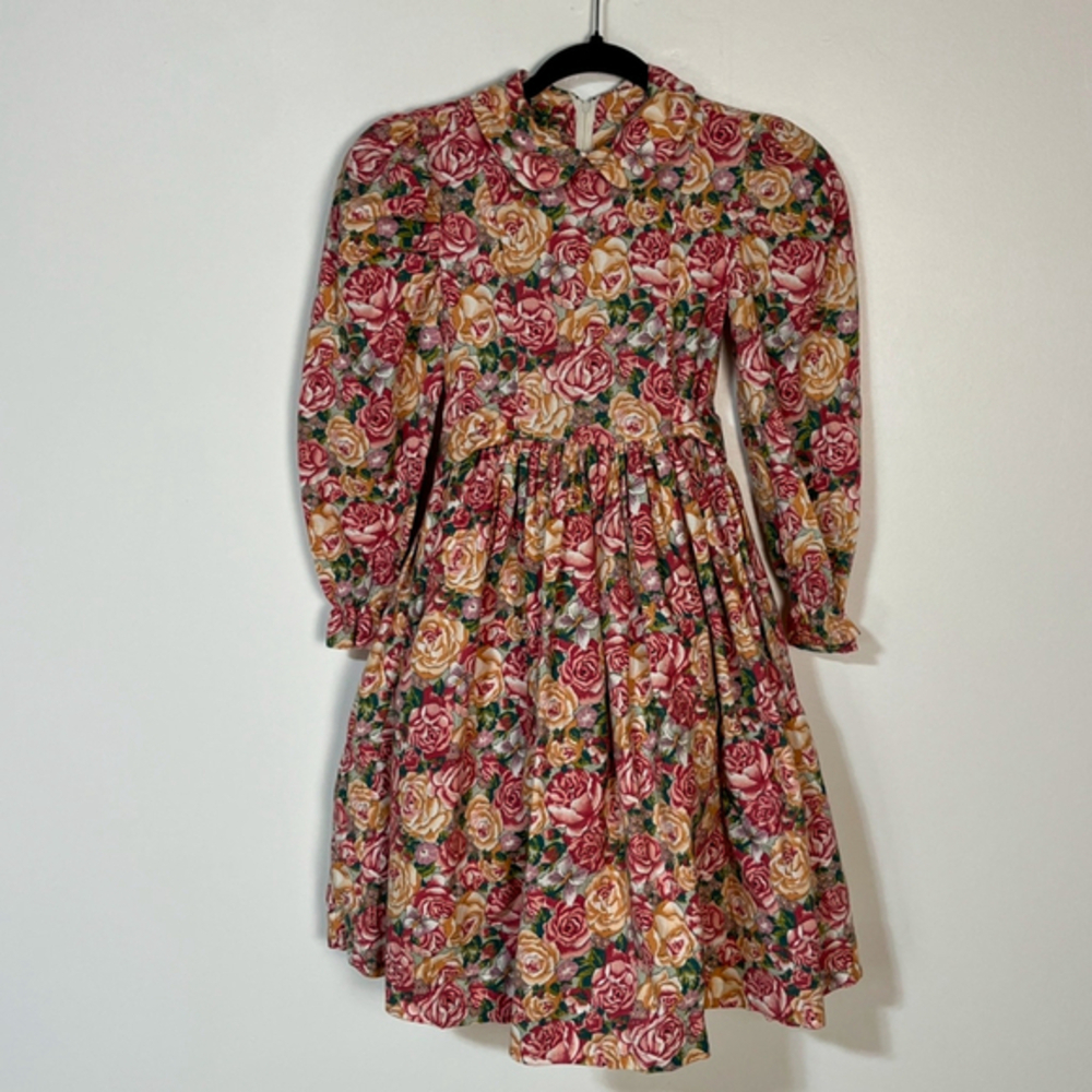 Vintage Floral Dress Girl’s Size 7 White Pink Prairie Crinoline Balloon Sleeve